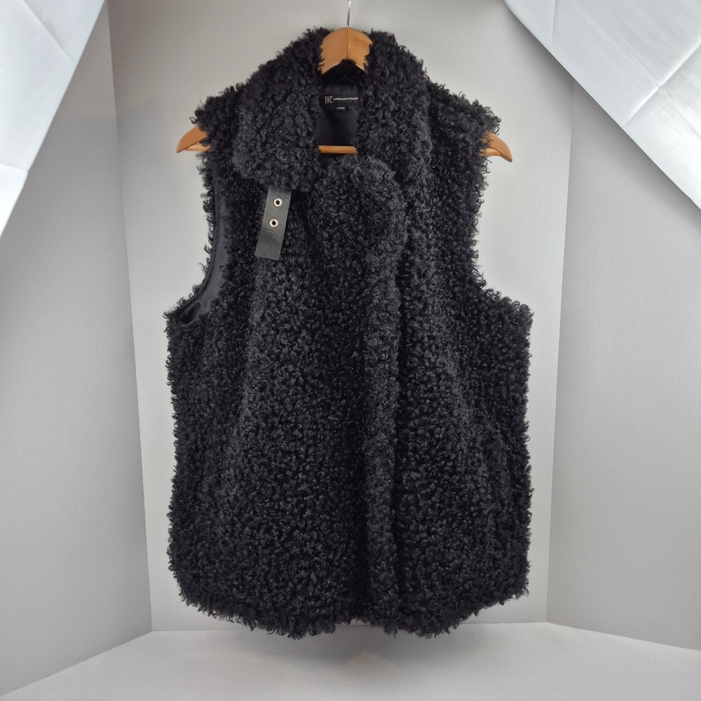 INC International Concepts Womens Black Faux Shearling‎ Fur Moto Vest L Zip Up